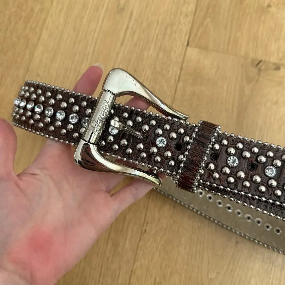 Guess Faux Leather Belt Studs Rhinestones Western Size S Brown Silver